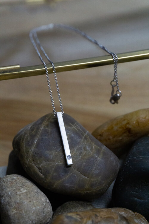 Silver Bar Pendant w/ Diamond Necklace