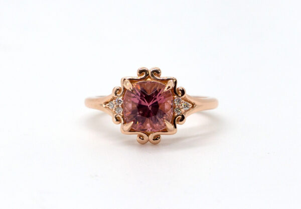 7x7 Pink Tourmaline flanked by .04 Ct of Diamonds set in 14K Gold