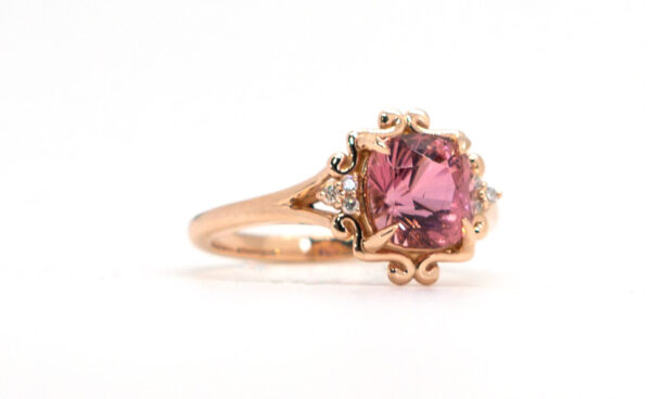 7x7 Pink Tourmaline flanked by .04 Ct of Diamonds set in 14K Gold